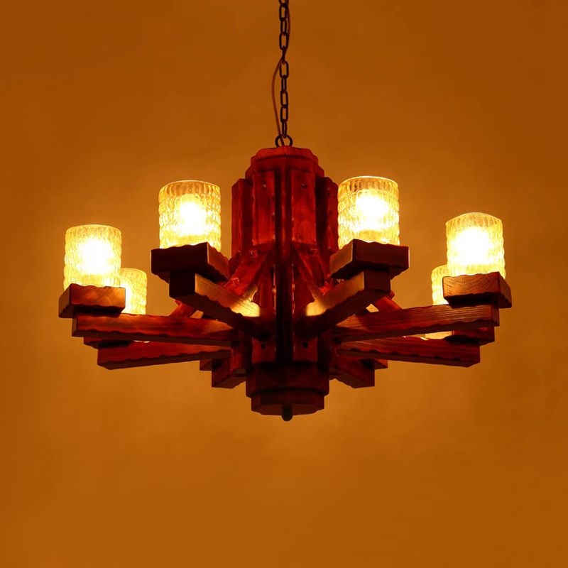 Brown Sputnik Hanging Chandelier Rustic Wood 8 Lights Living Room Ceiling Fixture with Cylinder Dimpled Glass Shade