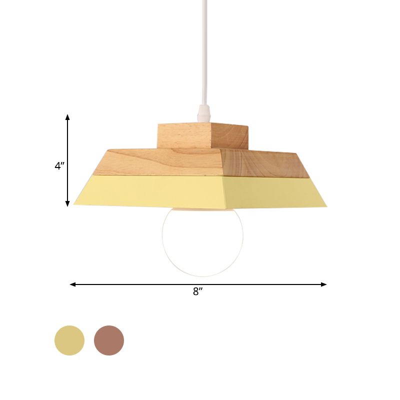1-Bulb Living Room Suspension Light Modernism Yellow/Pink and Wood Hanging Lamp Kit with Geometric Metal Shade