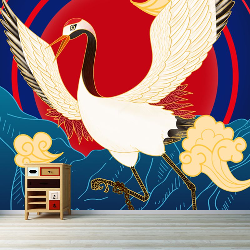 Chinese Halcyon Wall Mural Decal for Accent Wall Custom Wall Covering in Beige on Blue