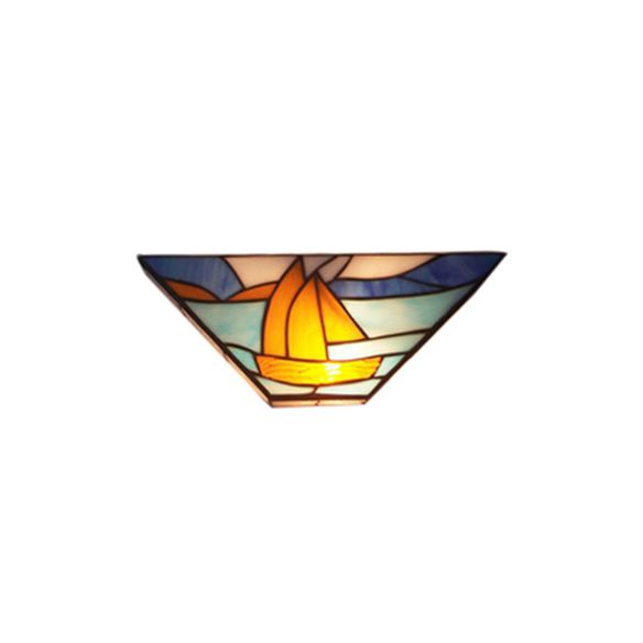 1 Head Sea Wall Light with Boat Nautical Stylish Stained Glass Wall Lamp in Blue for Dining Room