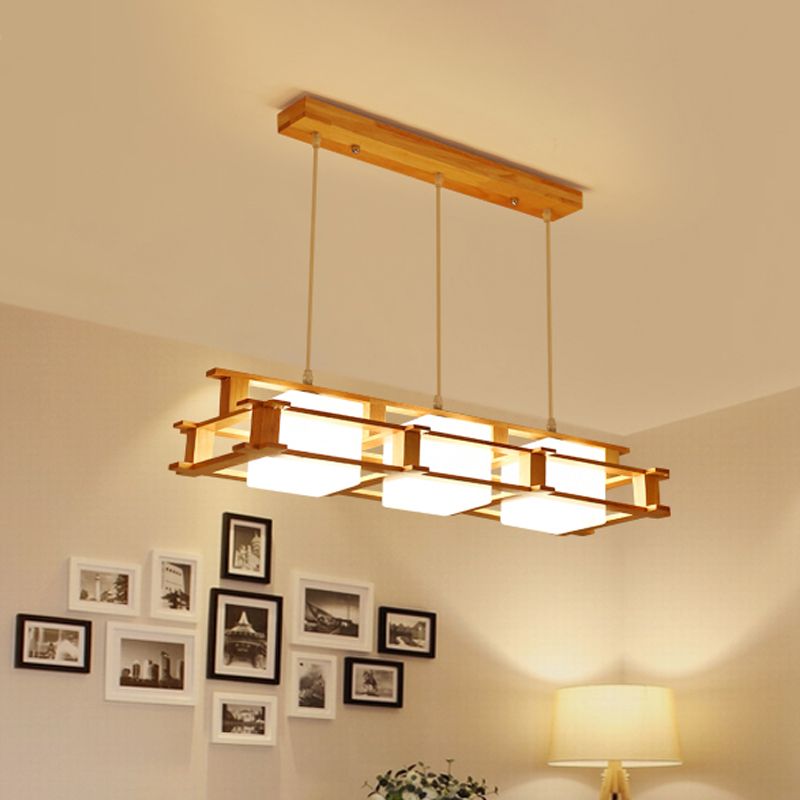 Wooden Frame Square Shade Linear Pendant 3-Light Nordic Island Light Fixture over Dining Table