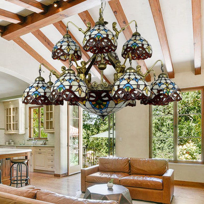 Brown 15 luci lampadario lampadario tiffany taglio a cupola a ciondolo per soggiorno con design della sirena