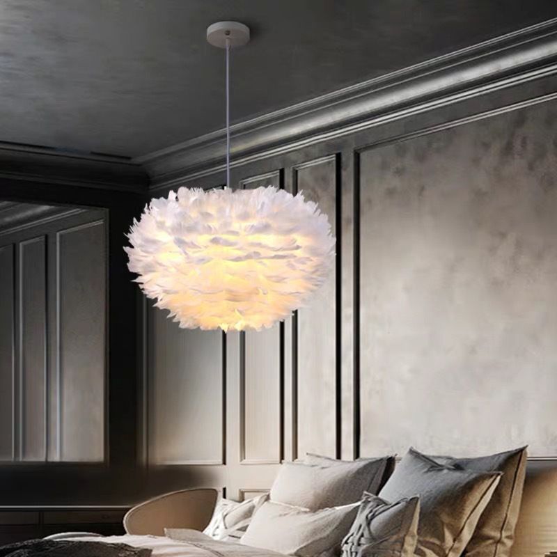White Feather Pendant Lighting Modern Nordic Creative Globe Hanging Ceiling Light for Bedroom