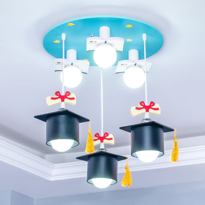 Bachelor Cap Metal Cluster Pendant Kids 6 Heads Blue Down Lighting for Children Bedroom