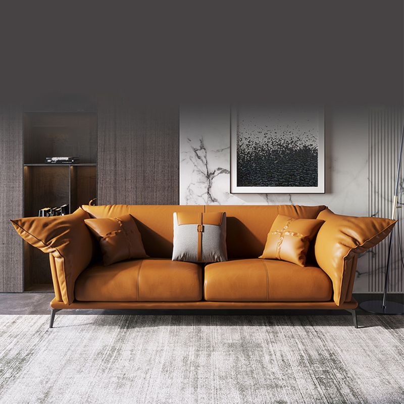 Genuine Leather Modern Orange Sofa Tuxedo Arm Sofa with Pillows