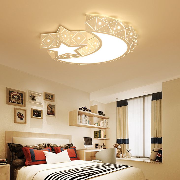 Nordic White Metal Flush Mount Light Fixture Cartoon Moon Flush Mount Spotlight for Kids Bedroom