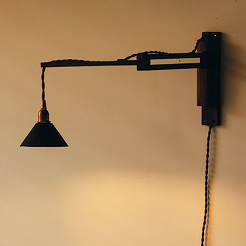 Retro Style Wood Wall Light Metal Shade Fold Wall Sconce for Living Room