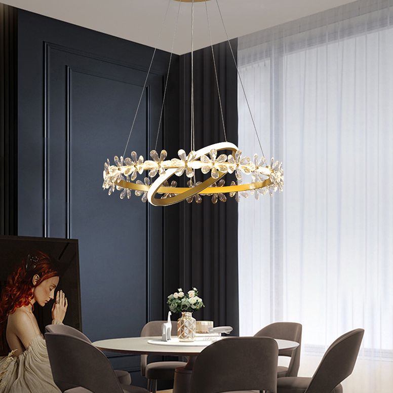Gold Finish Wreath Pendant Light Minimalist Crystal LED Chandelier with Metal Ring