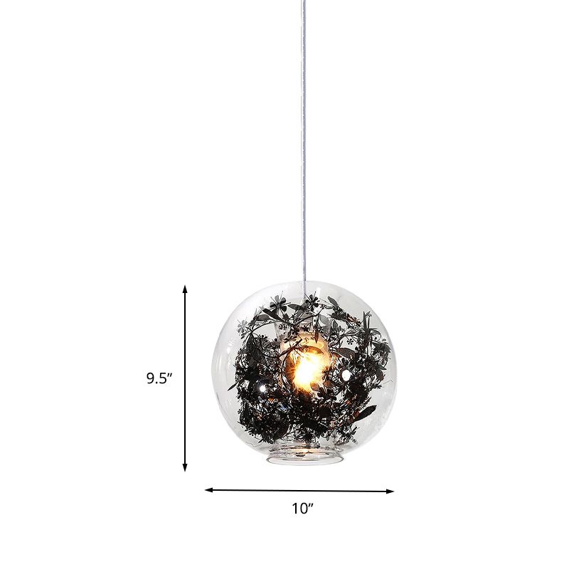 Luz de techo colgante de la esfera de vidrio transparente 1 Lámpara colgante de la cabeza 1 cabezal con diseño de plantas negras en el interior
