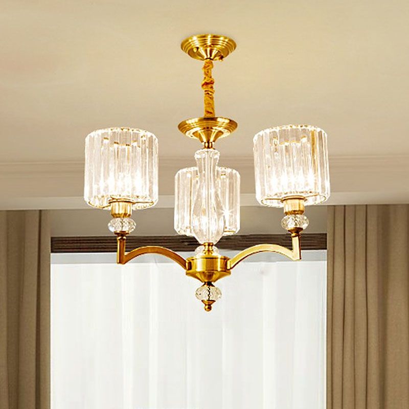 Cylinder Hanging Chandelier Contemporary Faceted Crystal 3/6/8 Bulbs Brass Ceiling Pendant Light, 23.5"/27"/33.5" Wide