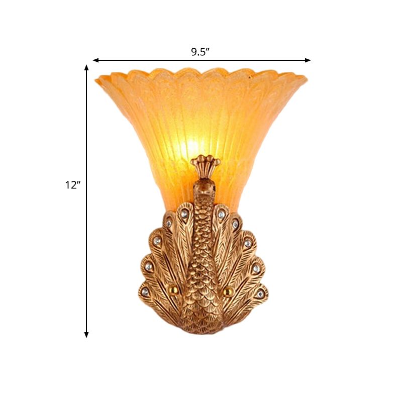 1 Light Peacock Wall Mount Lamp Rustic Style Red/Gold Finish Resin Wall Light with Orange Glass Scalloped Shade, 9.5"/13" W