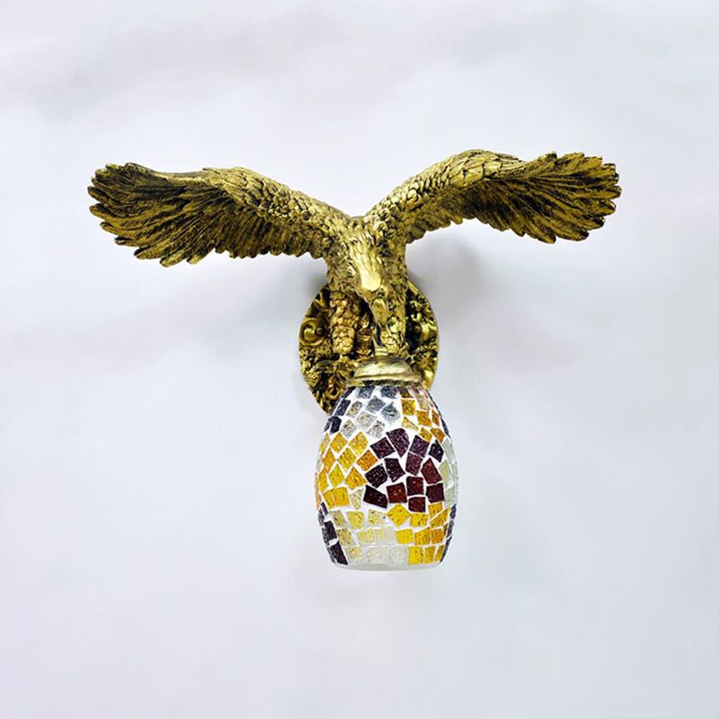 1 Light Balcony Wall Mount Fixture Tiffany Brass Sconce with Elongated Dome Silver/Red/Yellow Stained Glass Shade