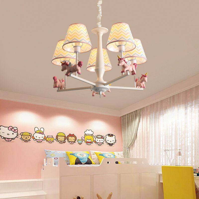 Print Fabric Conical Hanging Light Kids Style Pink Chandelier Light Fixture with Unicorn Deco