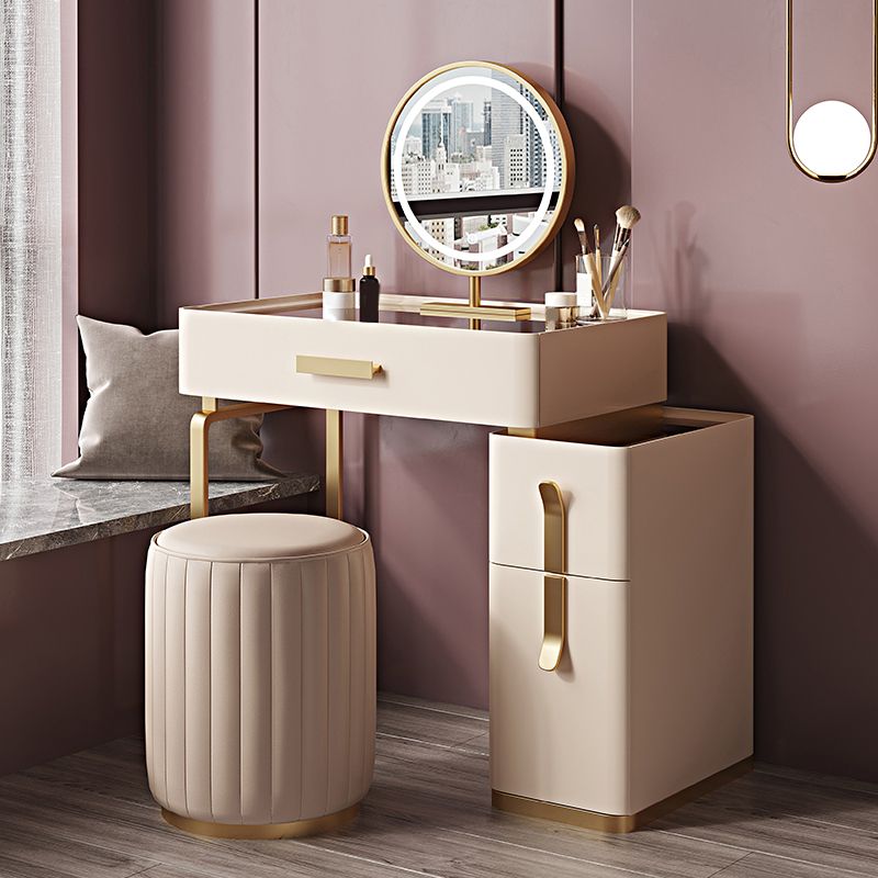 Glam Brown Glass Top Vanity Table 25.6" W 3 Drawers Dressing Table with Mirror & Stool