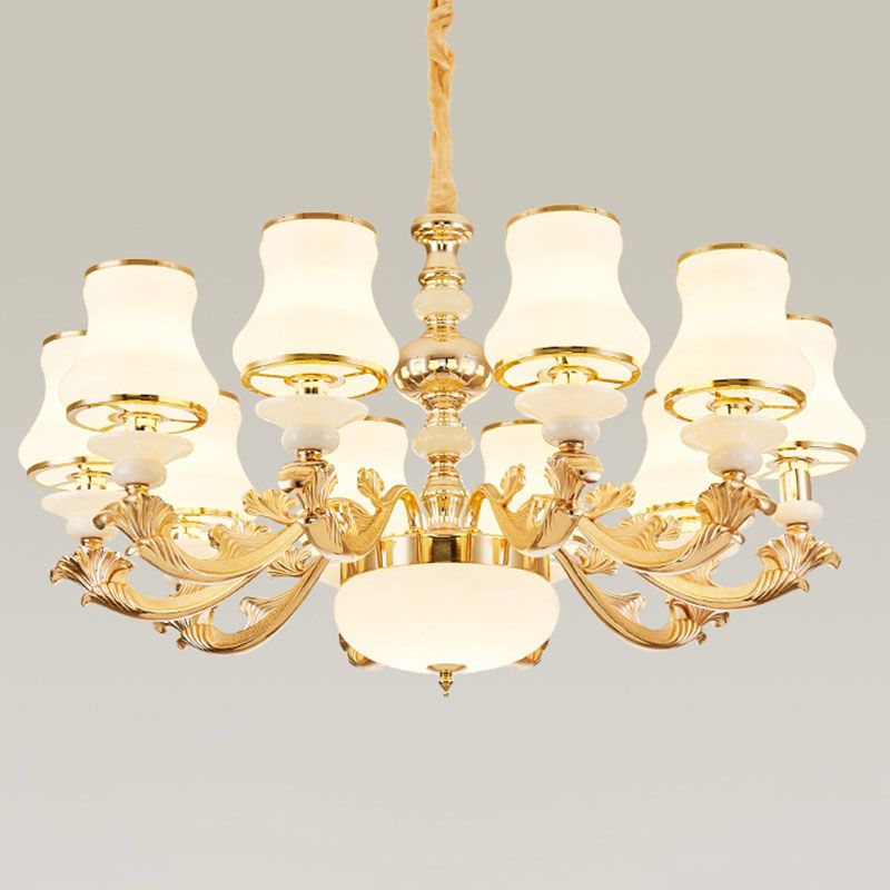 Lámpara colgante de la sala de estar del brazo curvo Luz de lámpara moderna con sombra de vidrio de ópalo de urna