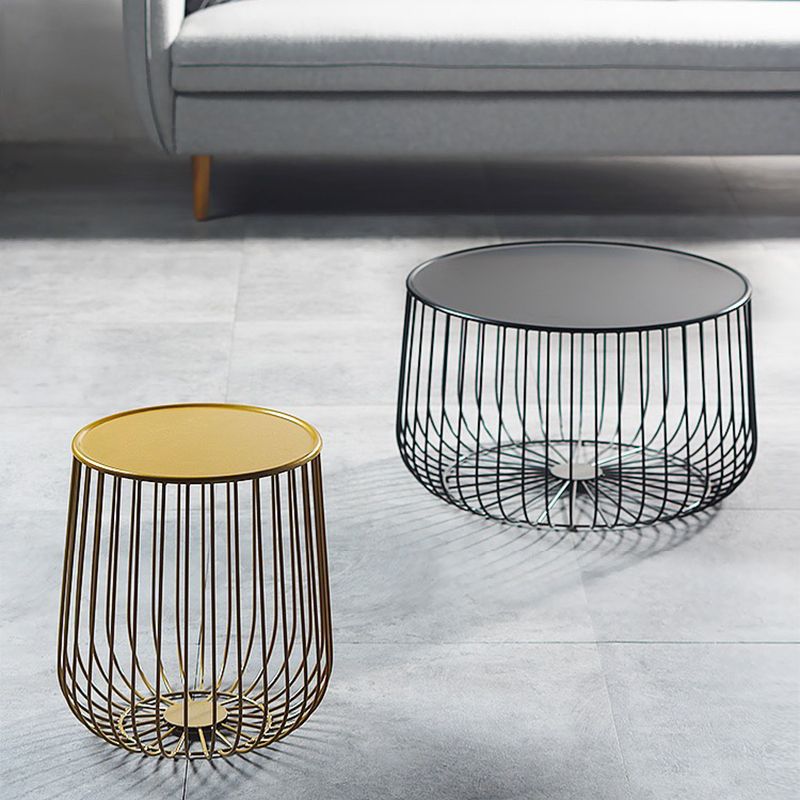 Mid-century Modern Round Iron Coffee Table, Brass/Black Frame Cocktail Table with Storage