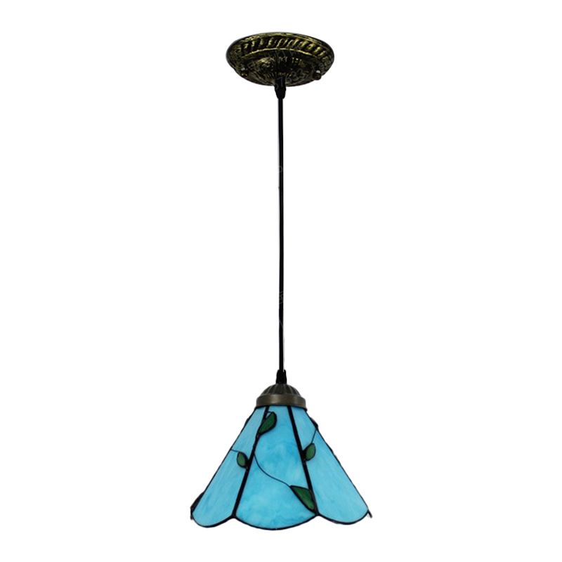 Stained Glass Blue/Beige Pendant Lamp Scalloped 3 Bulbs Tiffany Hanging Light Kit for Dining Room