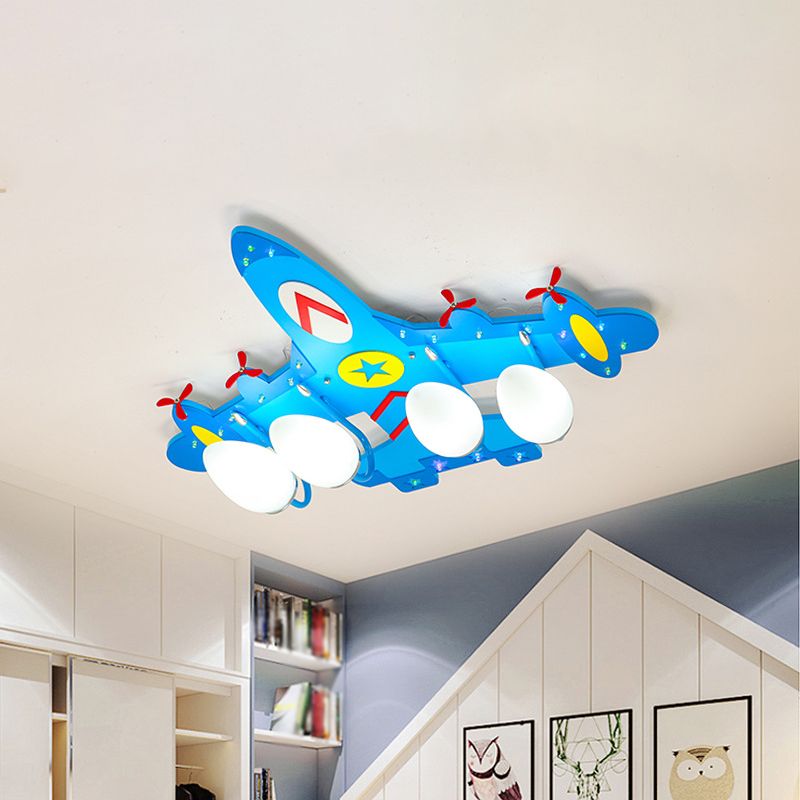 Plane Ceiling Mounted Lamp Kids Style Wooden 4 Lights Boys Bedroom Flush Mount in Warm/White Light/Second Gear