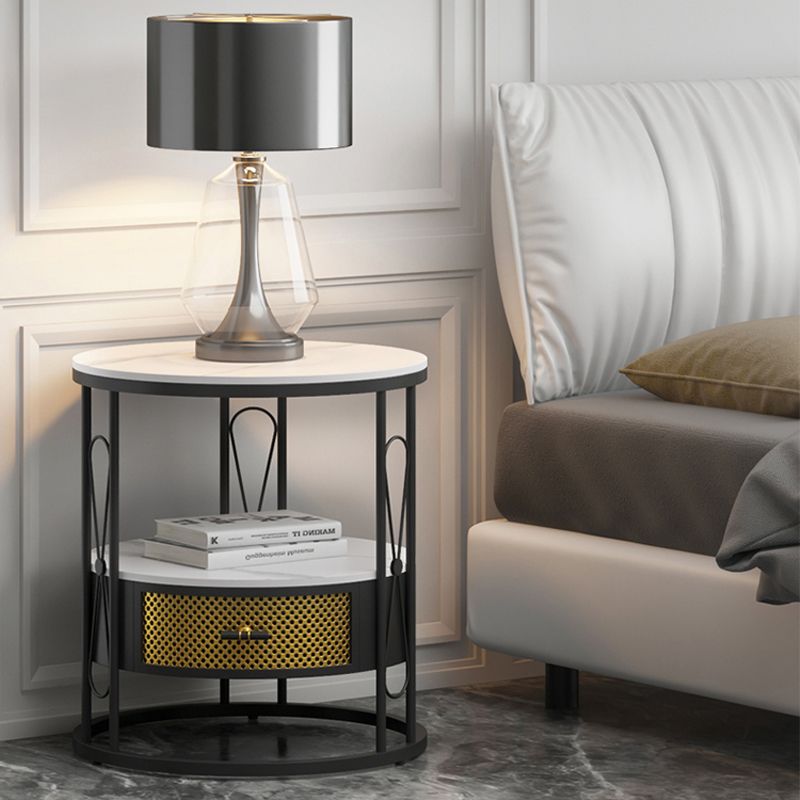 Modernistic Metal Frame 1-Drawer Round Living Room Side Table