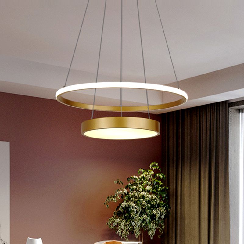 Anello a 2 livelli Lampada metallica a goccia metallica Minimalista LED Gold Lampadario Apparecchiatura in luce calda/bianca