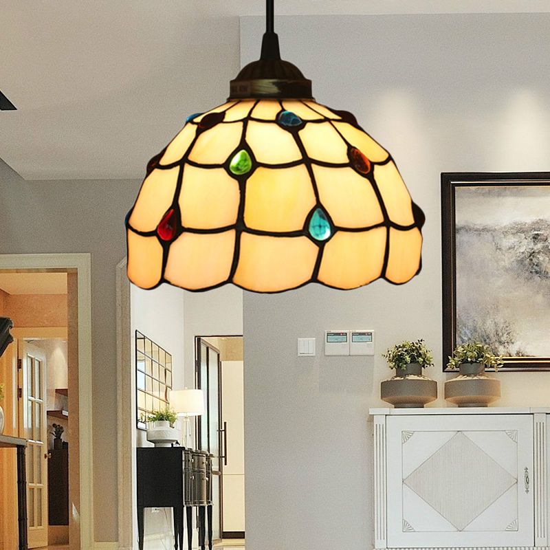 Stained Glass Beige Pendant Lamp Beaded 1 Bulb Tiffany Hanging Light Kit for Study, 8"/12" Wide