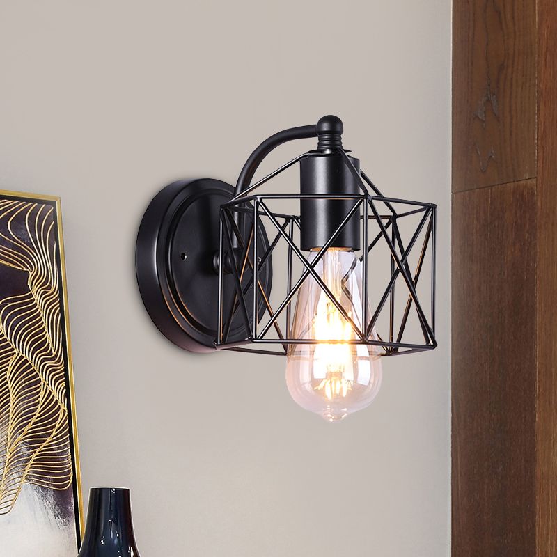 Black Single Head Wall Mount Lighting Antique Metal Hexagon Frame Reading Wall Light for Parlor