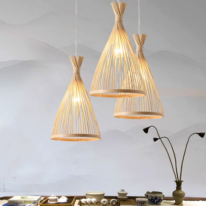 Conical Pendant Lighting Fixture Contemporary Style Bamboo Beige Hanging Ceiling Light