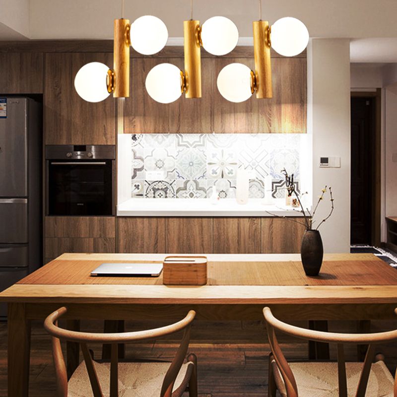 Glass Globe Pendant Chandelier Nordic Wood Hanging Light for Dining Room