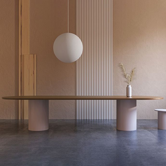 Mesa de madera maciza de pino moderna Mesa de comedor ovalado con base de pedestal doble