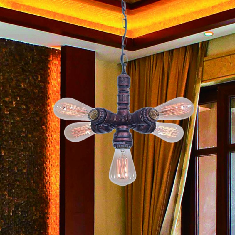 5-Bulb Metal Ceiling Chandelier Antiqued Copper Finish Sputnik Pipe Living Room Suspension Lamp