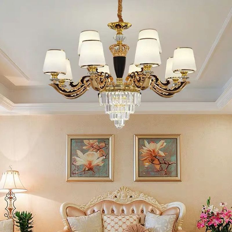 White Glass Tapered Ceiling Lighting Traditional Living Room Chandelier Light with Layered Crystal Decor