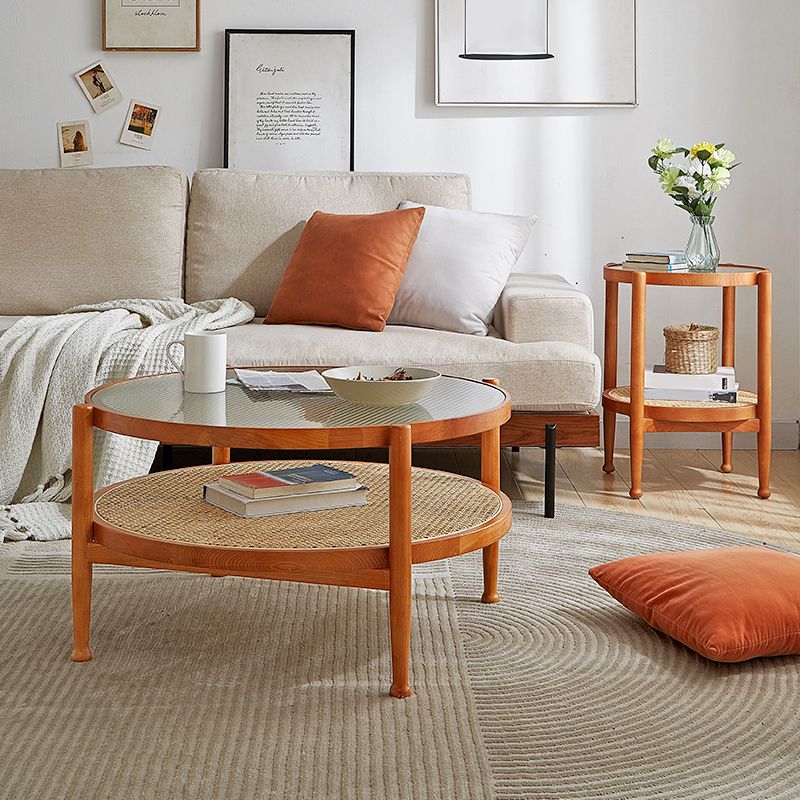 Modern 4 Legs Wood Base Glass Round Top Coffee Table for Apartment