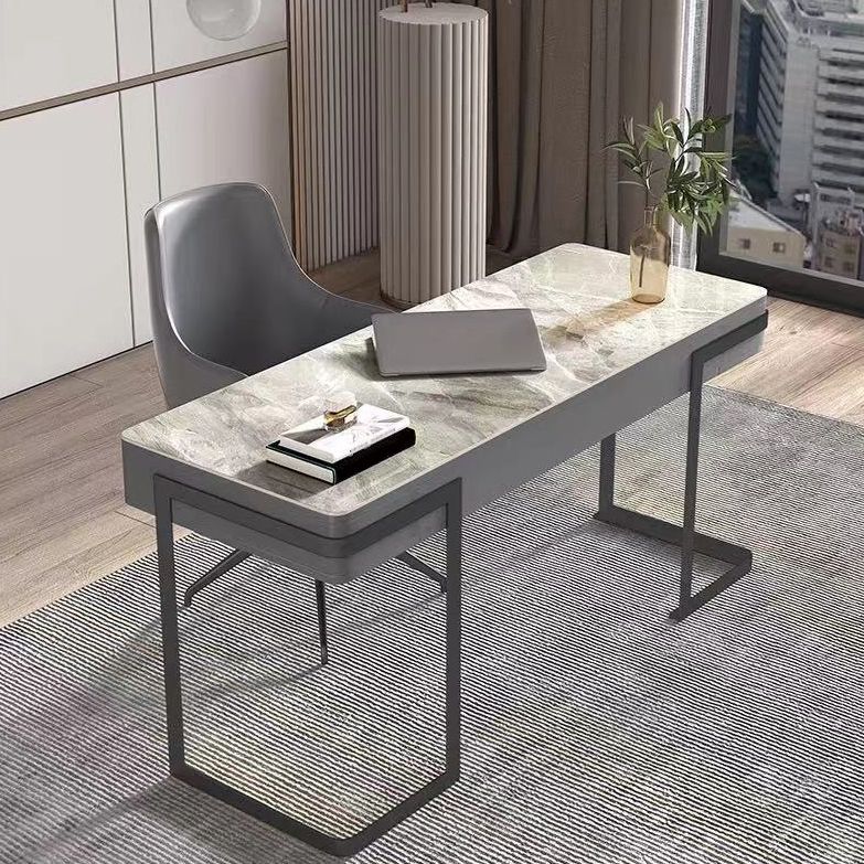 Glam Style 2-drawer Office Desk Sintered Stone Top Desk with Stainless Steel Legs