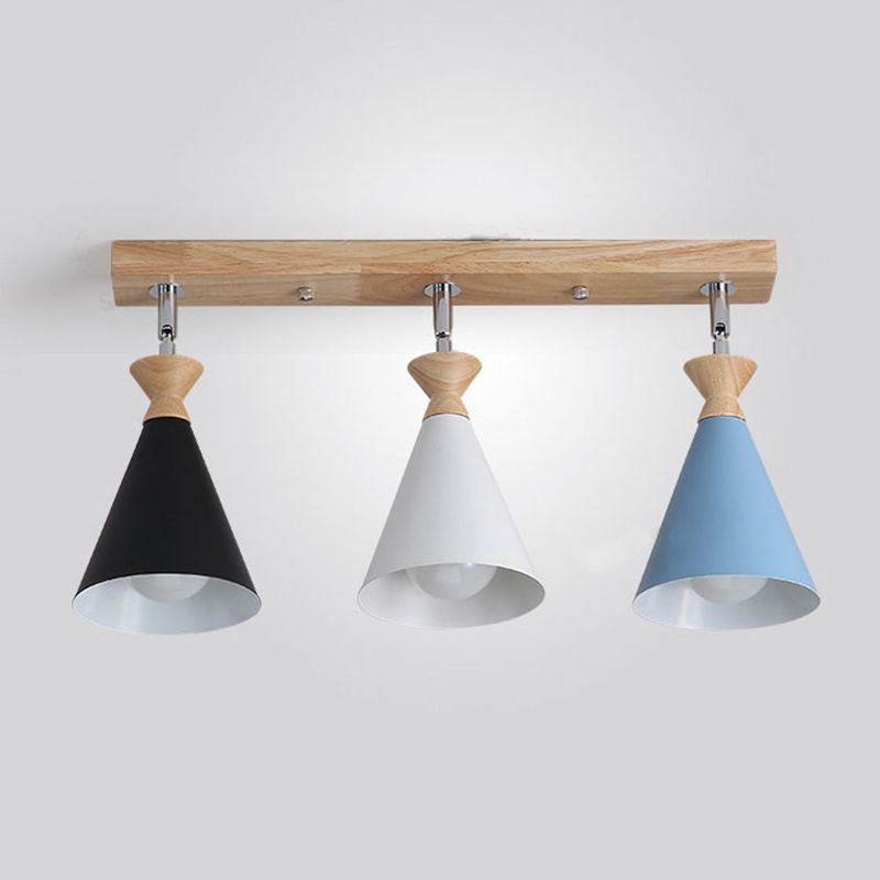 Lámpara de techo de 3 luces de hierro de estilo creativo moderno con montaje semi empotrado de cono de madera para comedor