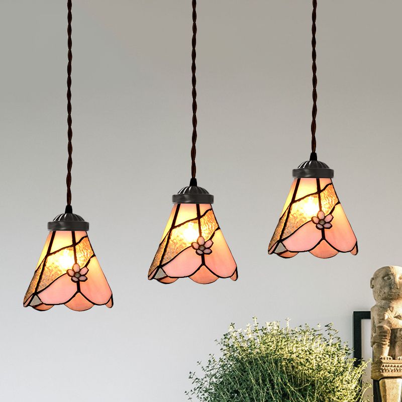 Bowl/Morning Glory Multi-Light Pendant 3 Bulbs Pink Stained Glass Baroque Style Hanging Lamp Kit for Dining Room
