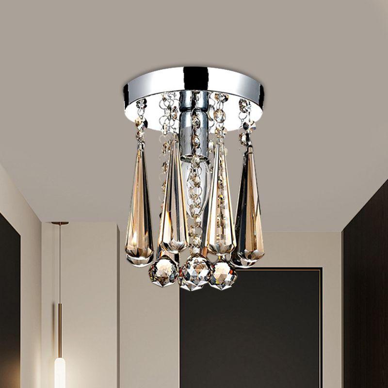 Contemporary Round Canopy Flush Mount 1 Head Cognac/Clear Crystal Droplets Close to Ceiling Lamp