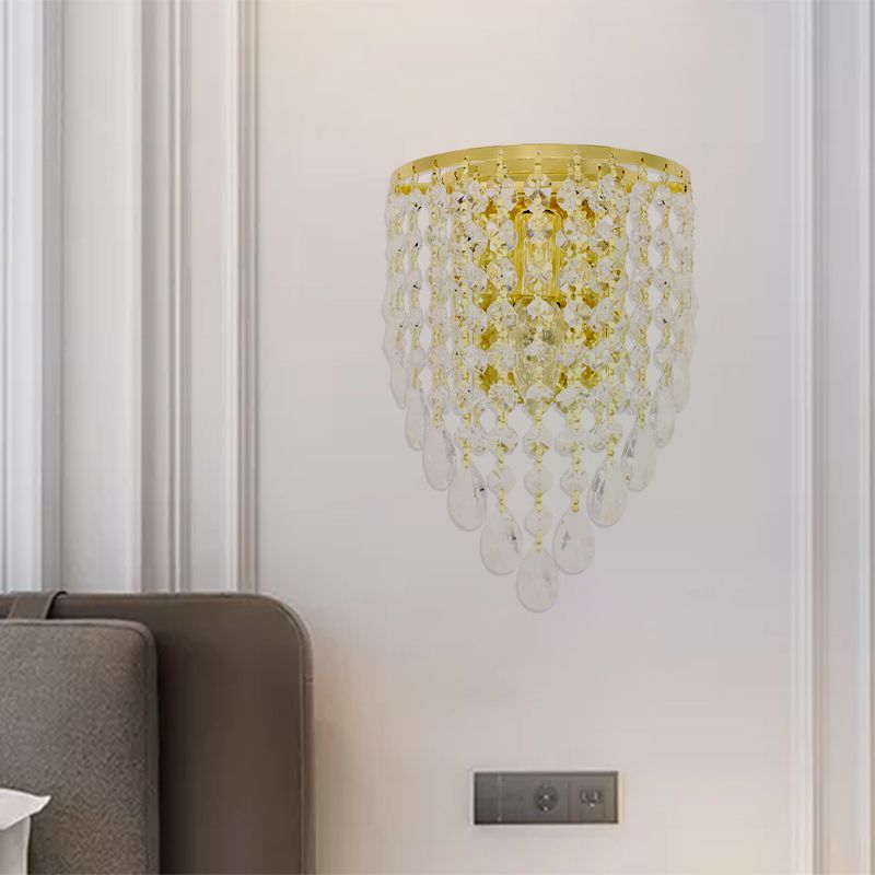 10"/15" W Tapered Wall Mount Light Vintage Metal 1 Bulb Golden Sconce Light with Clear Crystal Draping