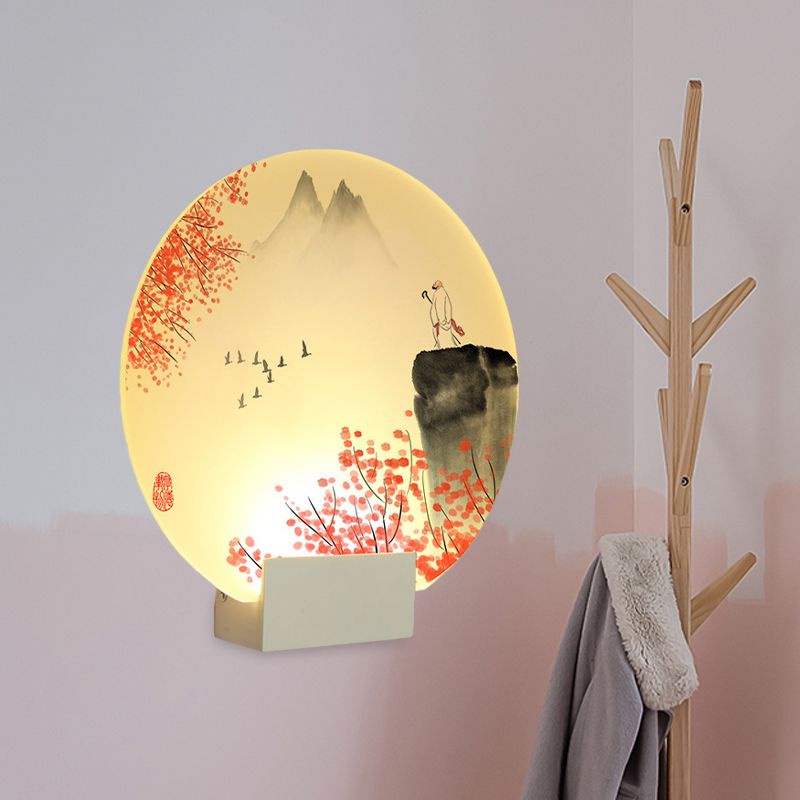 LED -muurschilderlamp met oosterse stijl met acryl schaduw Witte cirkelvormige berg- en bloemwandgemonteerde verlichting