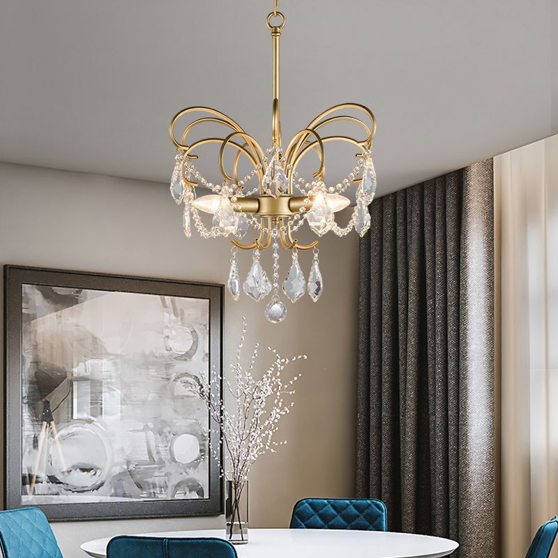 Butterfly-Shaped Living Room Chandelier Rural Metal 3-Light Brass Hanging Pendant Light with Crystal Accent