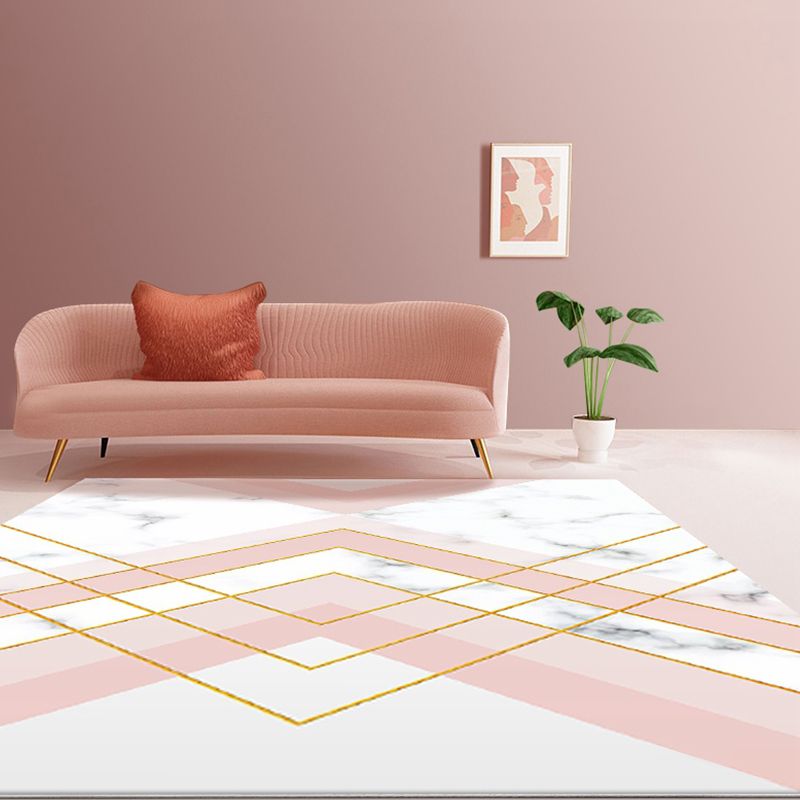 Nordic Geometric Pattern Rug Green and Pink Polyester Rug Washable Pet Friendly Non-Slip Area Rug for Living Room