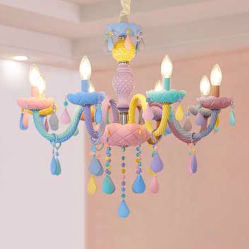 Pink Candle Style Hanging Light Kids Multicolored Glass Chandelier for Baby Room