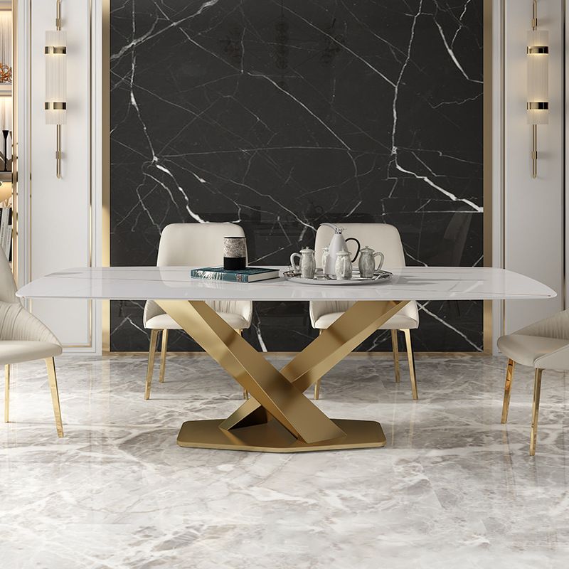 Mesa de comedor rectangular de lujo tradicional mesa de piedra sinterizada blanca con base de pedestal