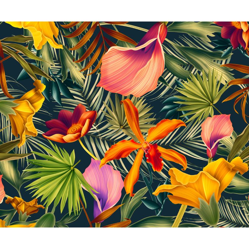 Plant Leaf and Flower Mural Tropical Non-Woven Fabric Wall Art in Green for Living Room