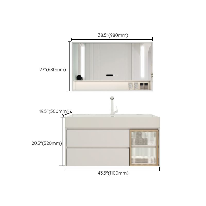 White Bathroom Vanity Mirror Rectangle Single Sink Wall Mount 2 Drawers Vanity with Door