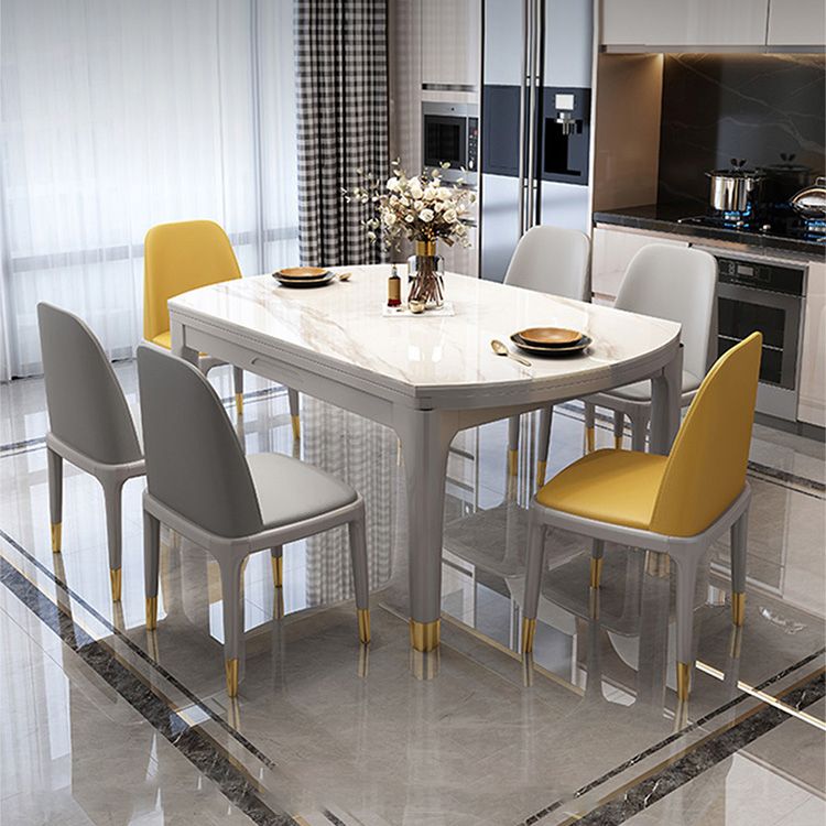 Contemporary Extendable Stone Dining Table with Wood Base and Double Drop Leaf
