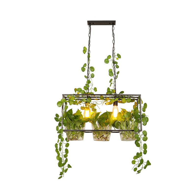 Lámpara de billar de metal de 3 luces colgante rectánica rectángulo 3 luces en negro para restaurante con hojas verdes deco
