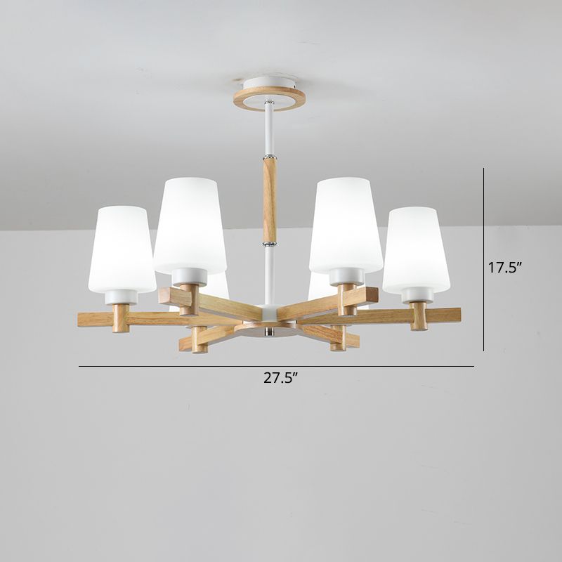 Milk Glass Tapered Chandelier Modern Wood Suspension Light Fixture for Living Room