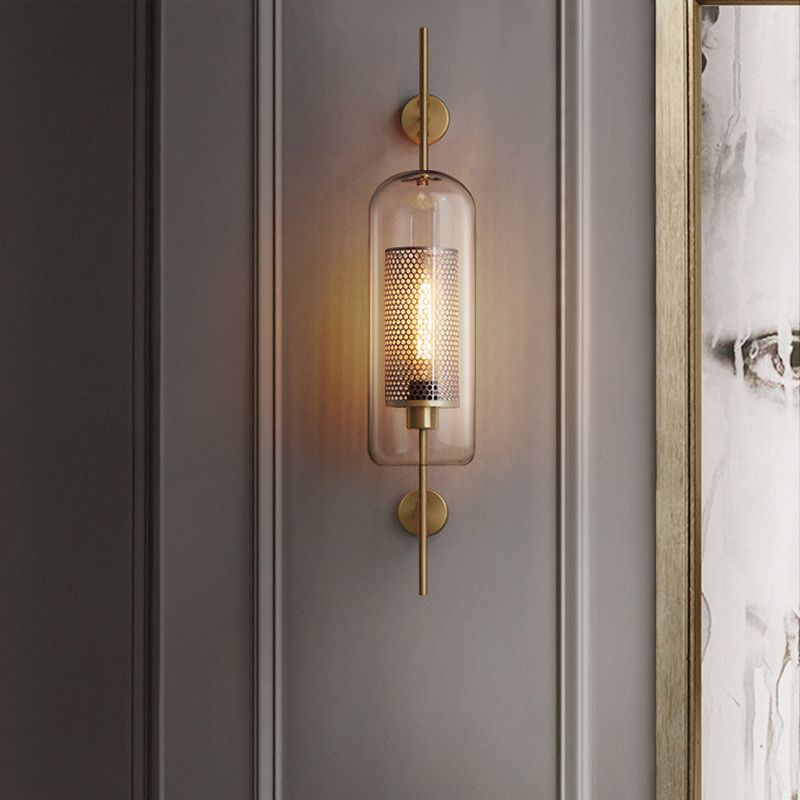Pill Capsule Wall Lighting Fixture Modernism Clear Glass 1-Bulb Bathroom Wall Lamp Sconce with Inside Mesh Screen