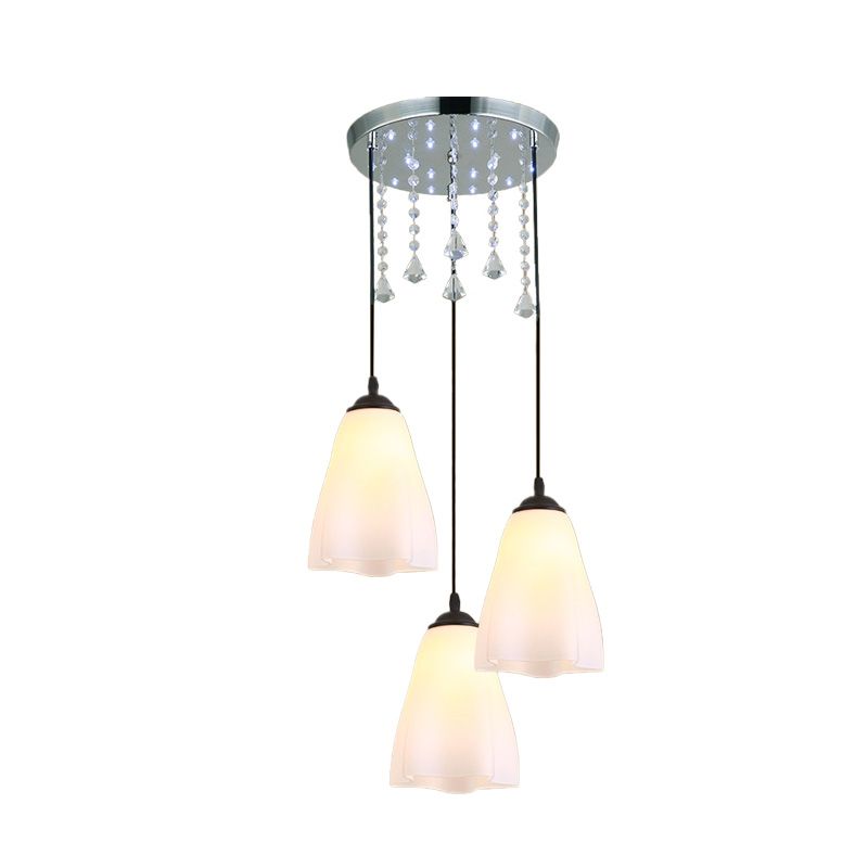 Floral White Glass Down Lighting Minimalist 3-Light Black Multi Light Pendant with Crystal Accent
