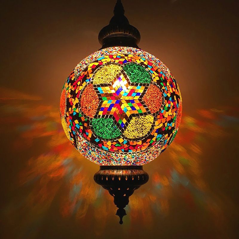 Cut Glass Globe Suspension Lighting Traditional 1 Light Dining Room Pendant Lamp in Red/Yellow/Blue